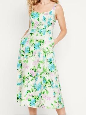 Old Navy White Midi Dress with Blue, Green & Lavender Floral Print